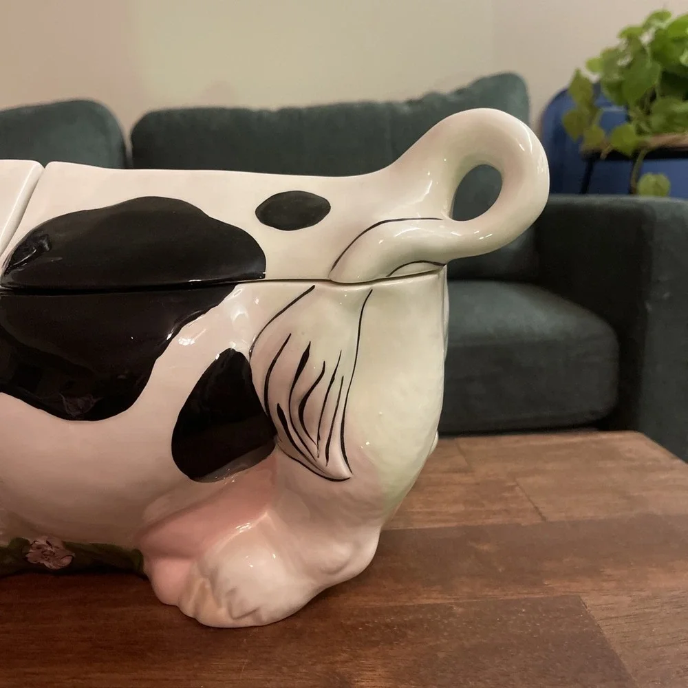 VTG Ceramic Cow Cookie Jar Black White Pink Bow Granny Twin Winton Cottage 16